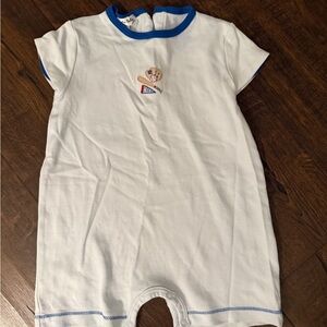 Magnolia White One-Piece Romper with Blue Trim and Small Baseball icons